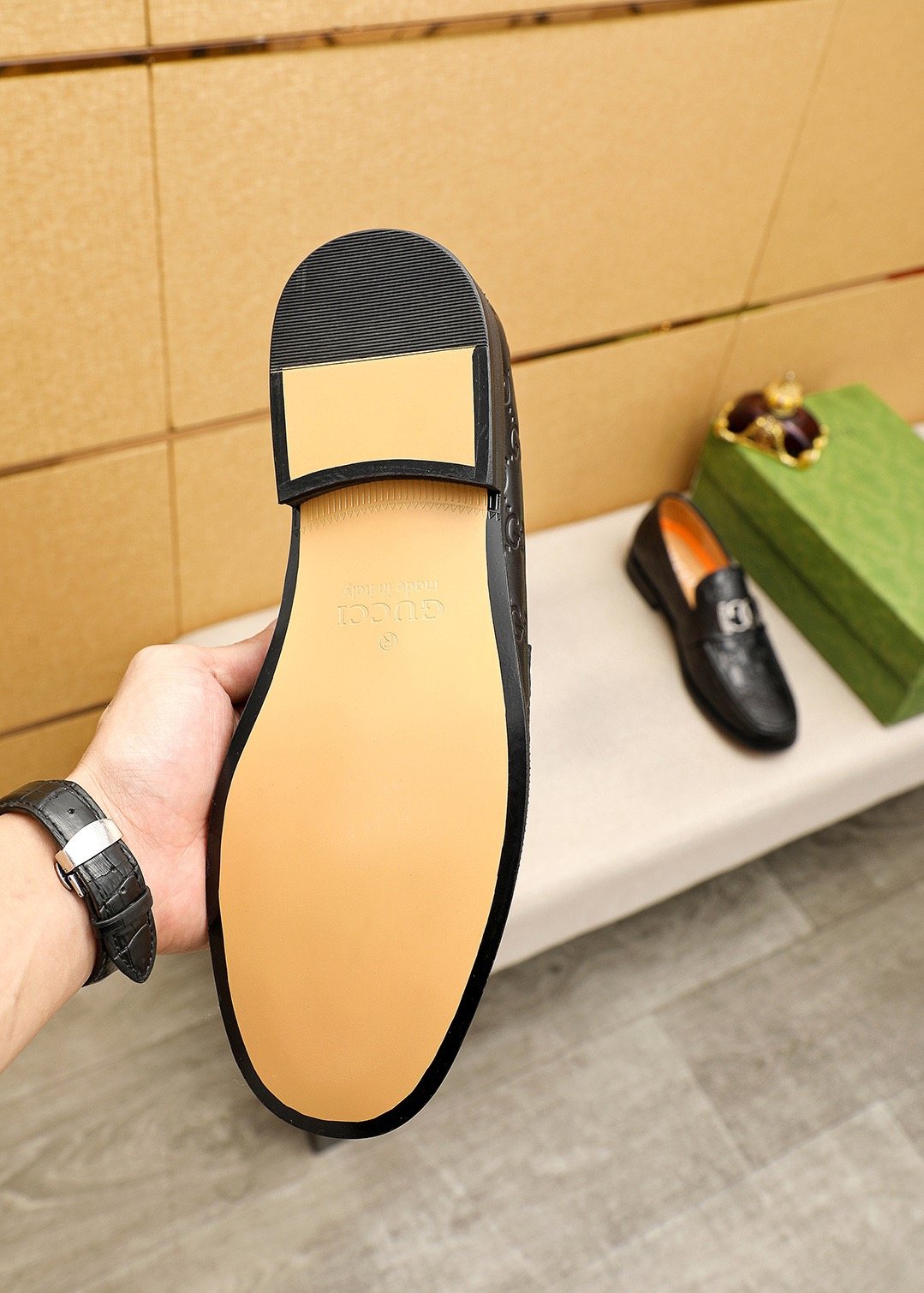 GUCCI Black Embossed Leather Loafers — detail
