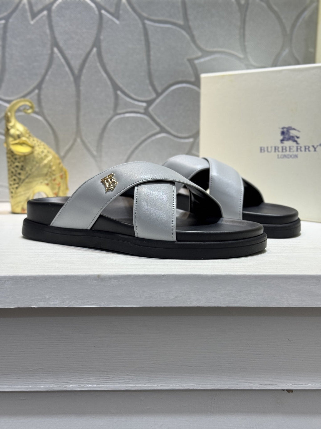 Burberry Light Gray Cross-Strap Slide Sandals — hero