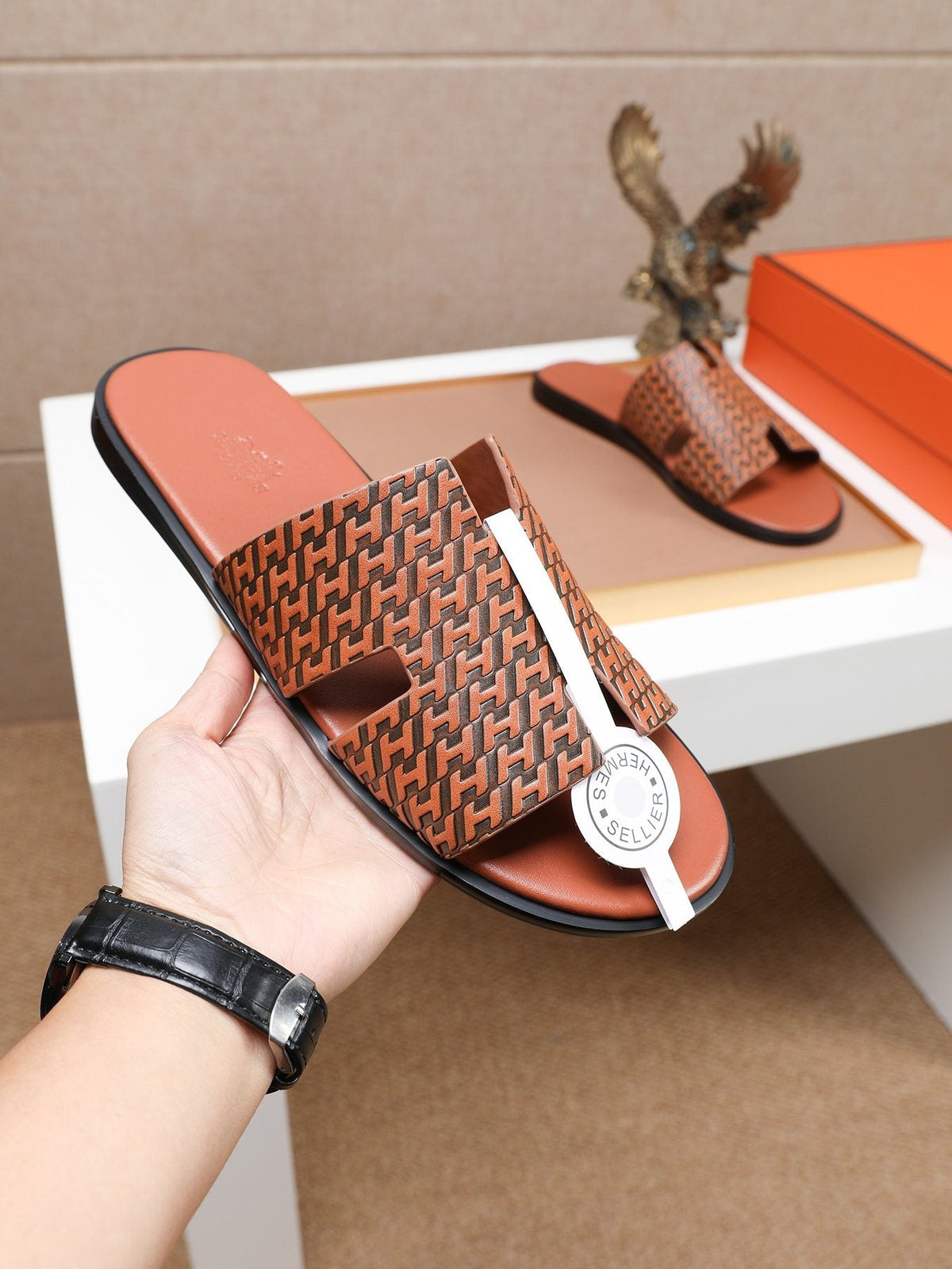 Hermes Brown Patterned H Slide Sandals — model