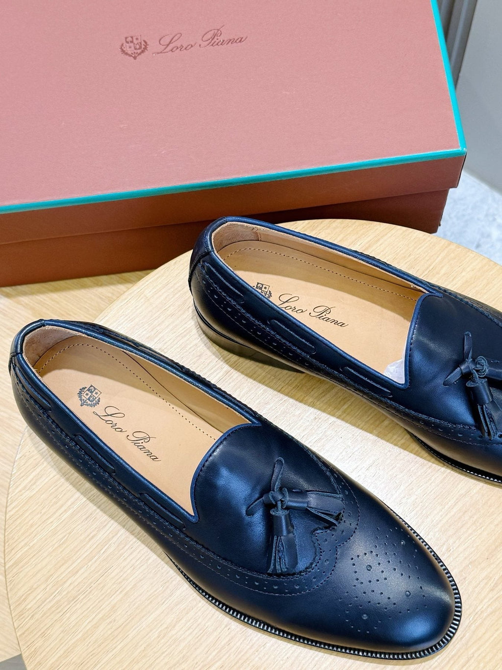 Loro Piana Navy Blue Tassel Loafers — front