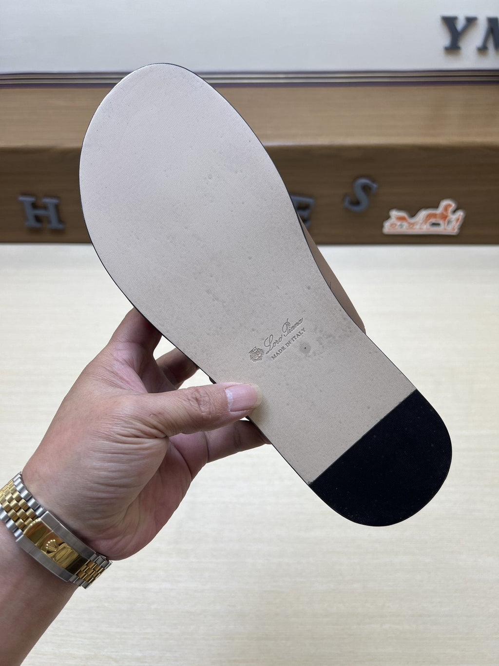 Loro Piana Taupe Brown Crossover Slide Sandals — back