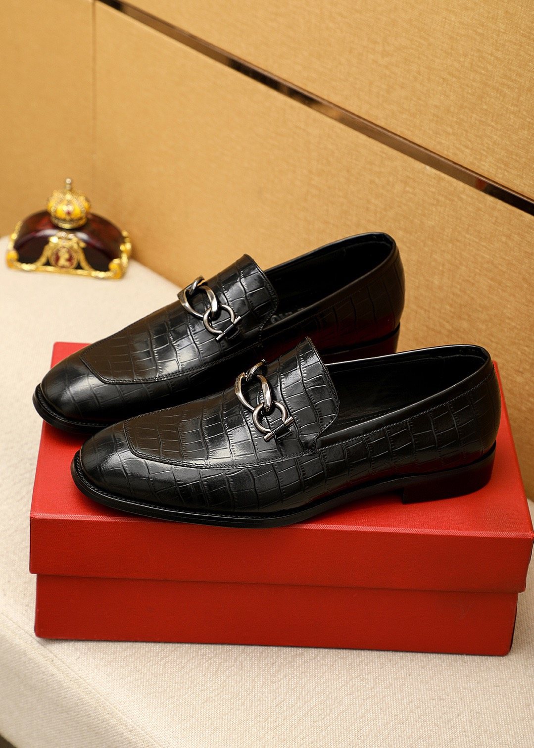 Ferragamo Black Embossed Bit Loafers — front
