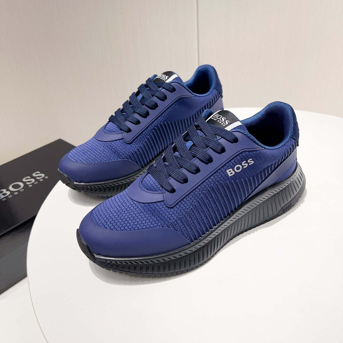 BOSS Navy Blue Knit Running Shoes — front