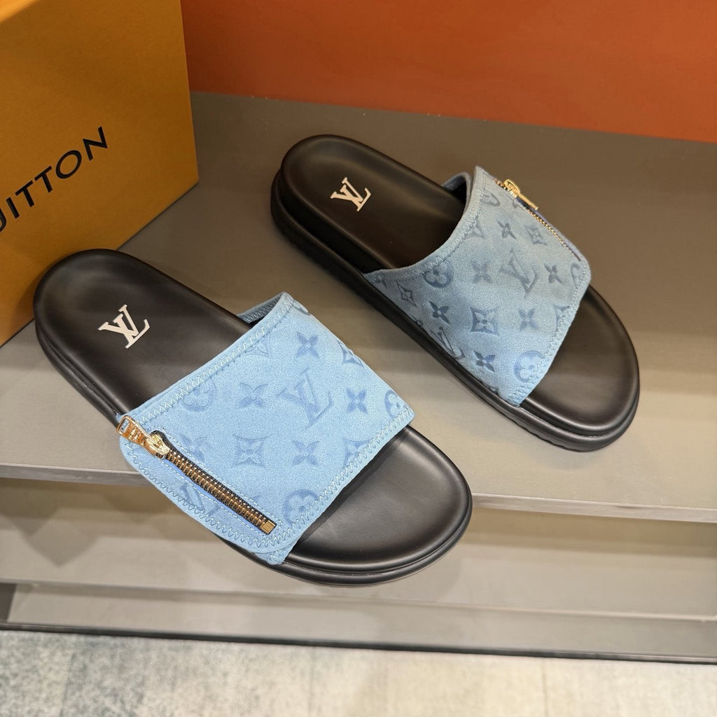 Louis Vuitton Light Blue Zip-Accent Slide Sandals — front