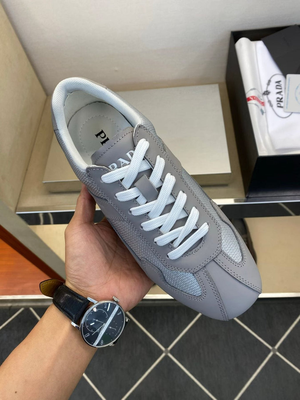 Prada Gray and White Low-Top Sneakers — front