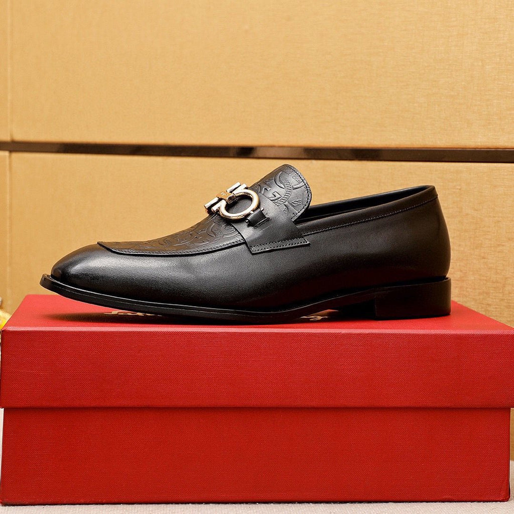 Ferragamo Black Embossed Buckle Loafers — side
