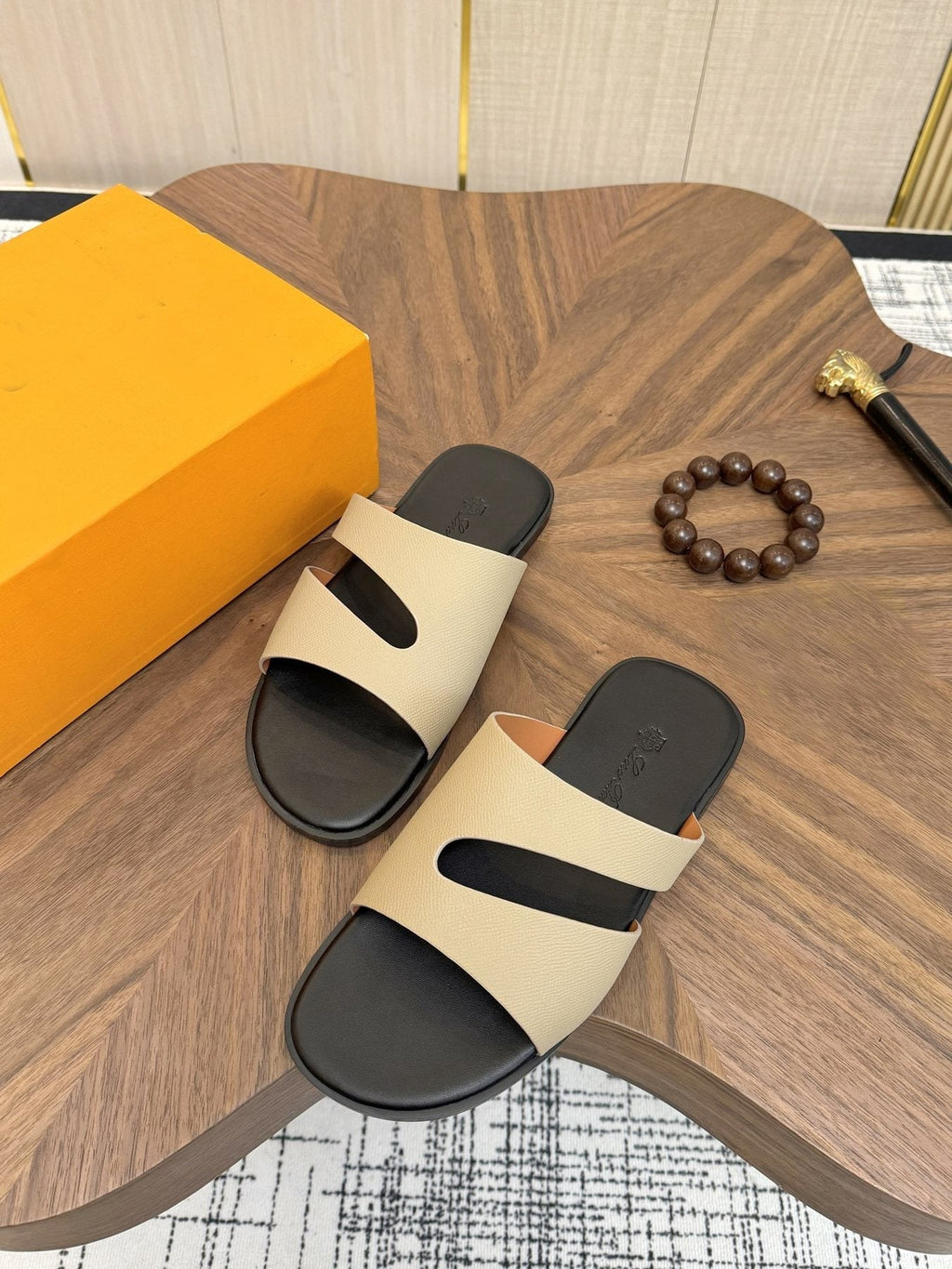Loro Piana Cream and Black Slide Sandals — side