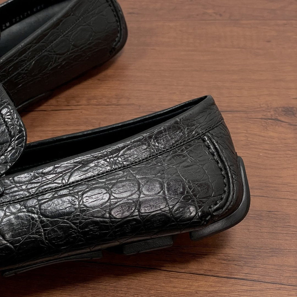 Ferragamo Black Crocodile-Embossed Driving Loafers — detail
