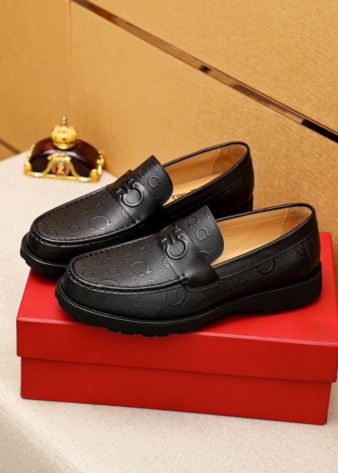 Ferragamo Black Embossed Slip-On Shoes — front