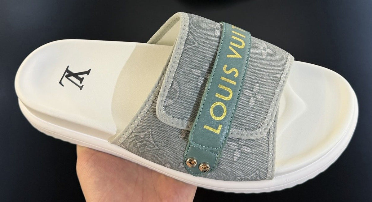 Louis Vuitton Gray Logo Slide Sandals — front