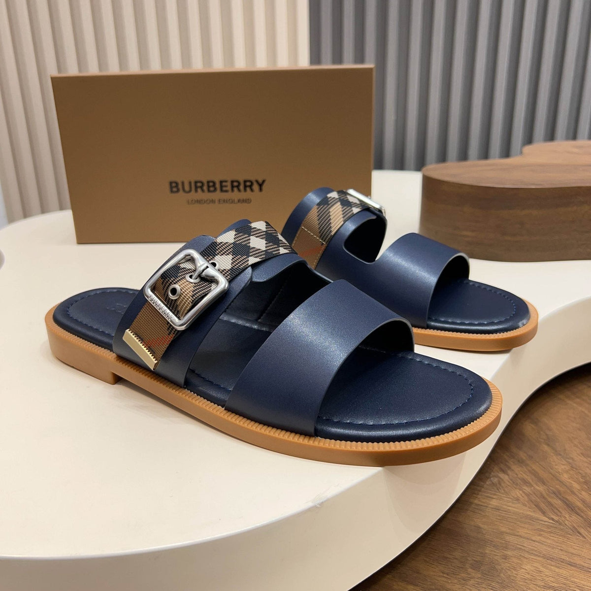 Burberry Plaid Buckle Slide Sandals — front