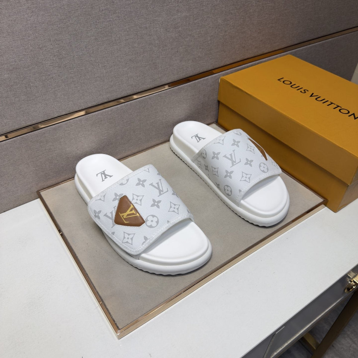 Louis Vuitton Monogram Emblem Slide Sandals — front