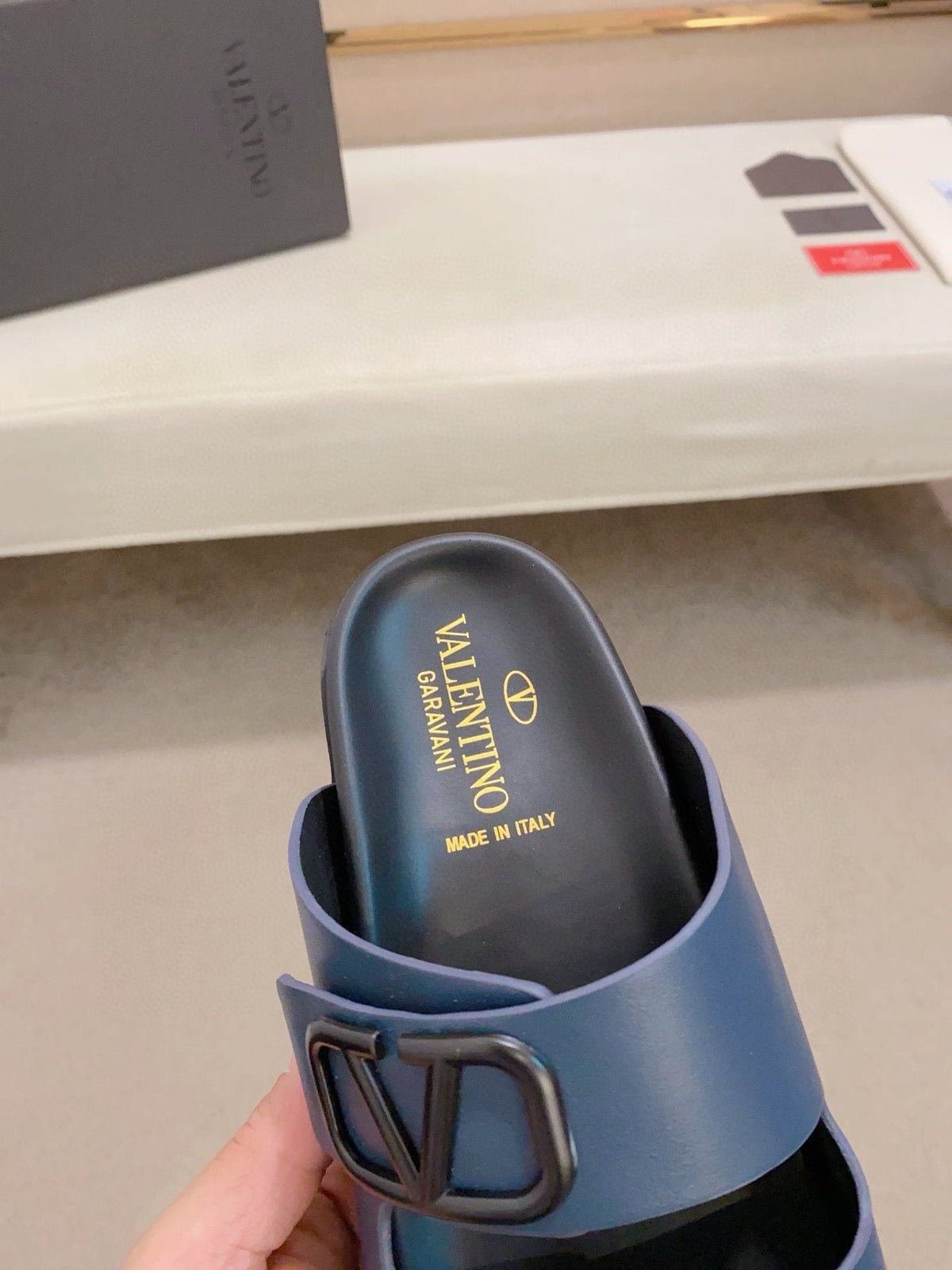 Valentino Two-Strap Buckle Slide Sandals — label
