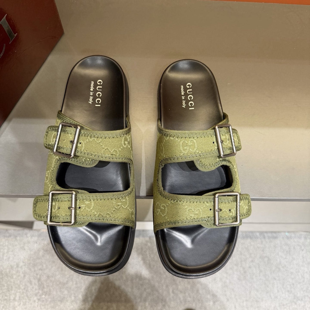 Gucci Double-Buckle Monogram Slide Sandals — front