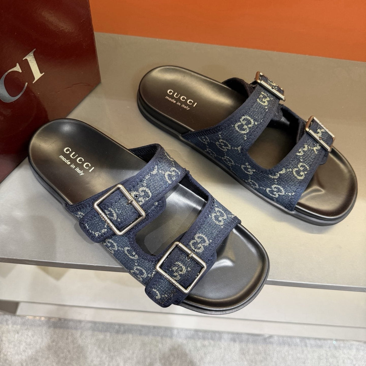 Gucci Double-Buckle Monogram Slide Sandals — front
