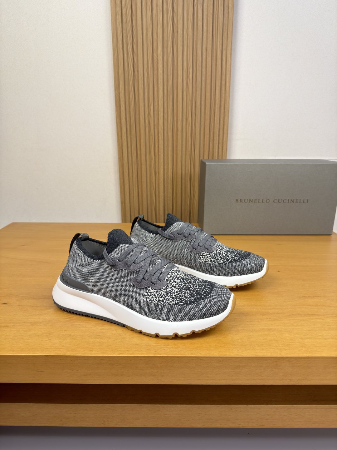 Brunello Cucinelli Gray Knit Sneakers — front