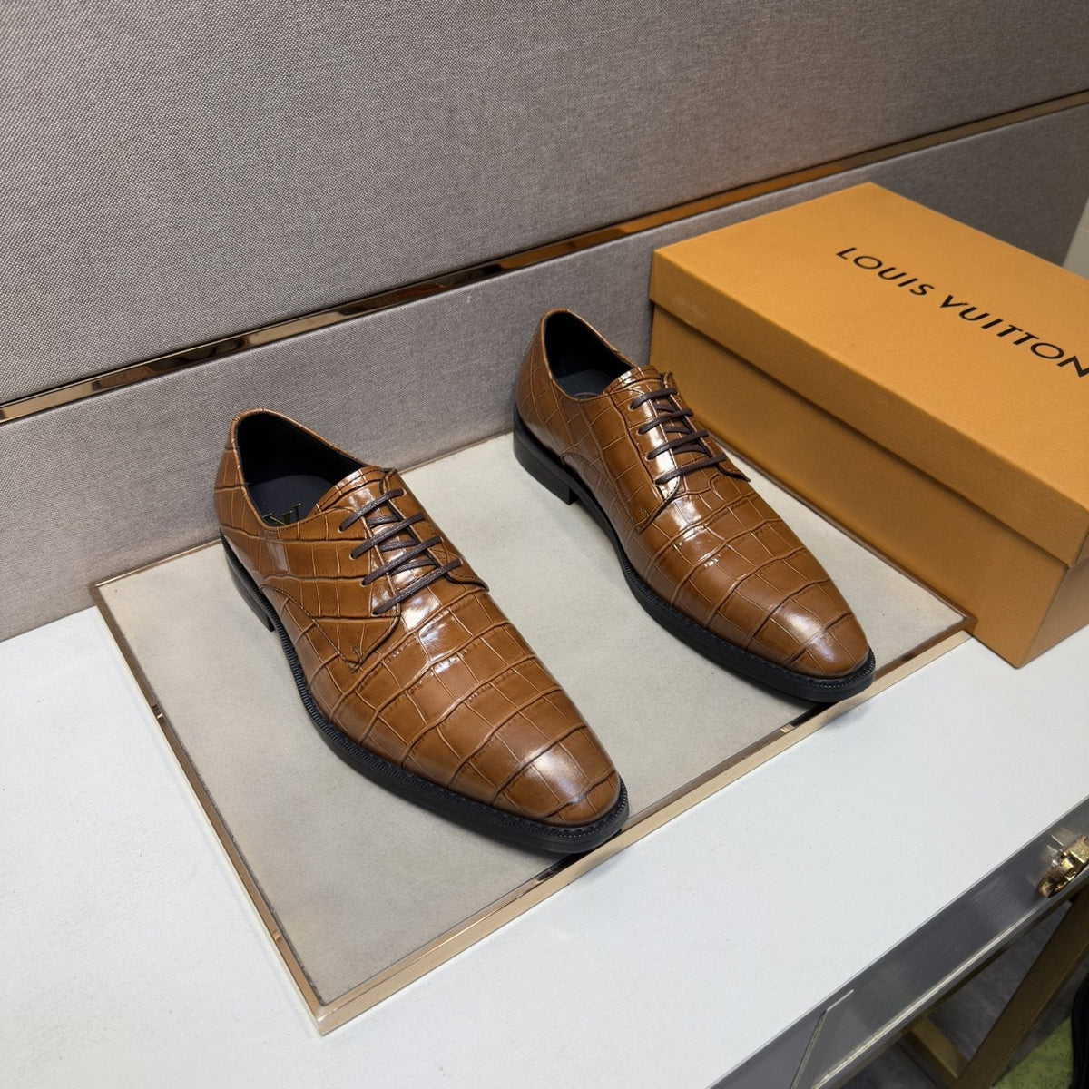 Louis Vuitton Crocodile-Embossed Lace-Up Dress Shoes — front