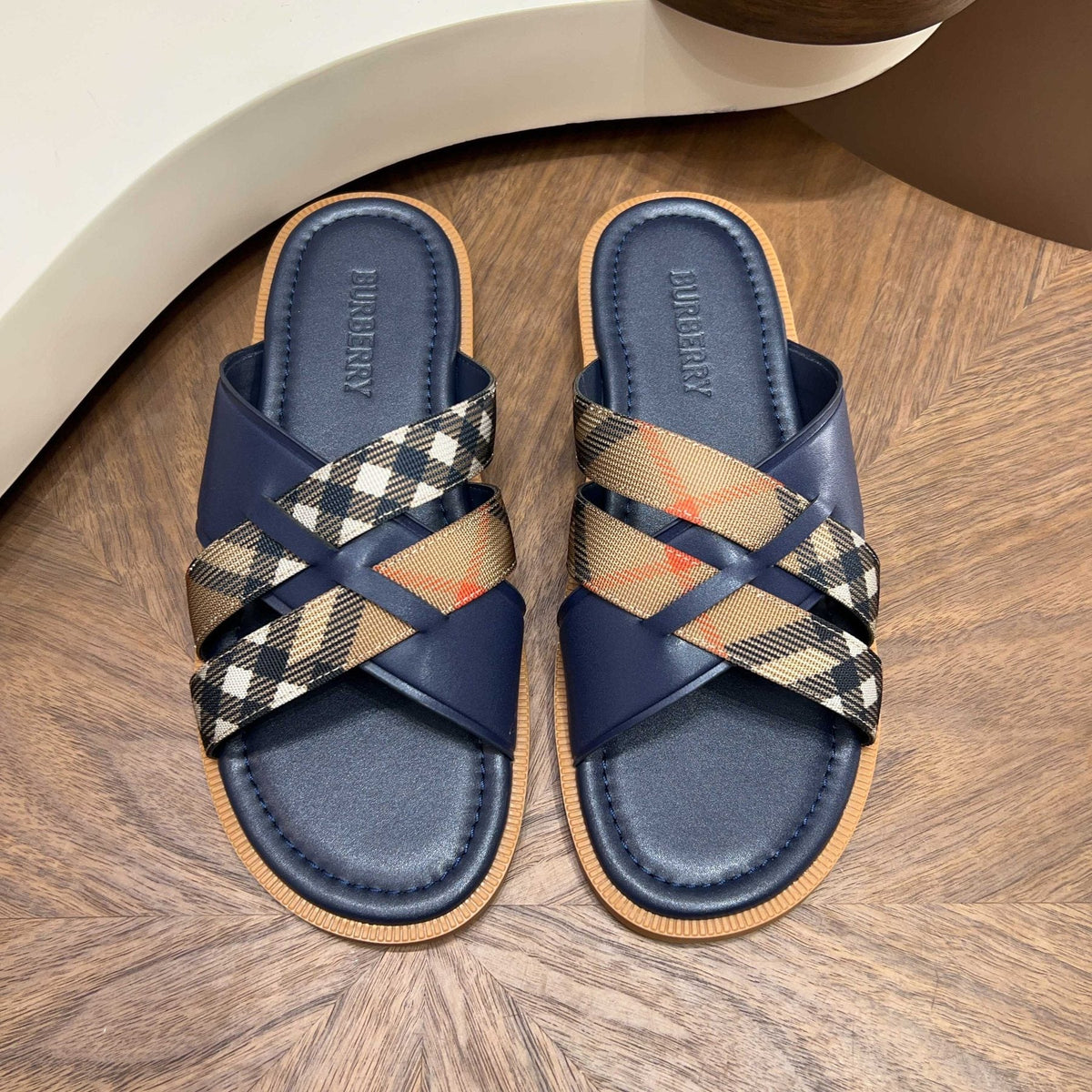 Burberry Plaid Cross-Strap Slide Sandals — front