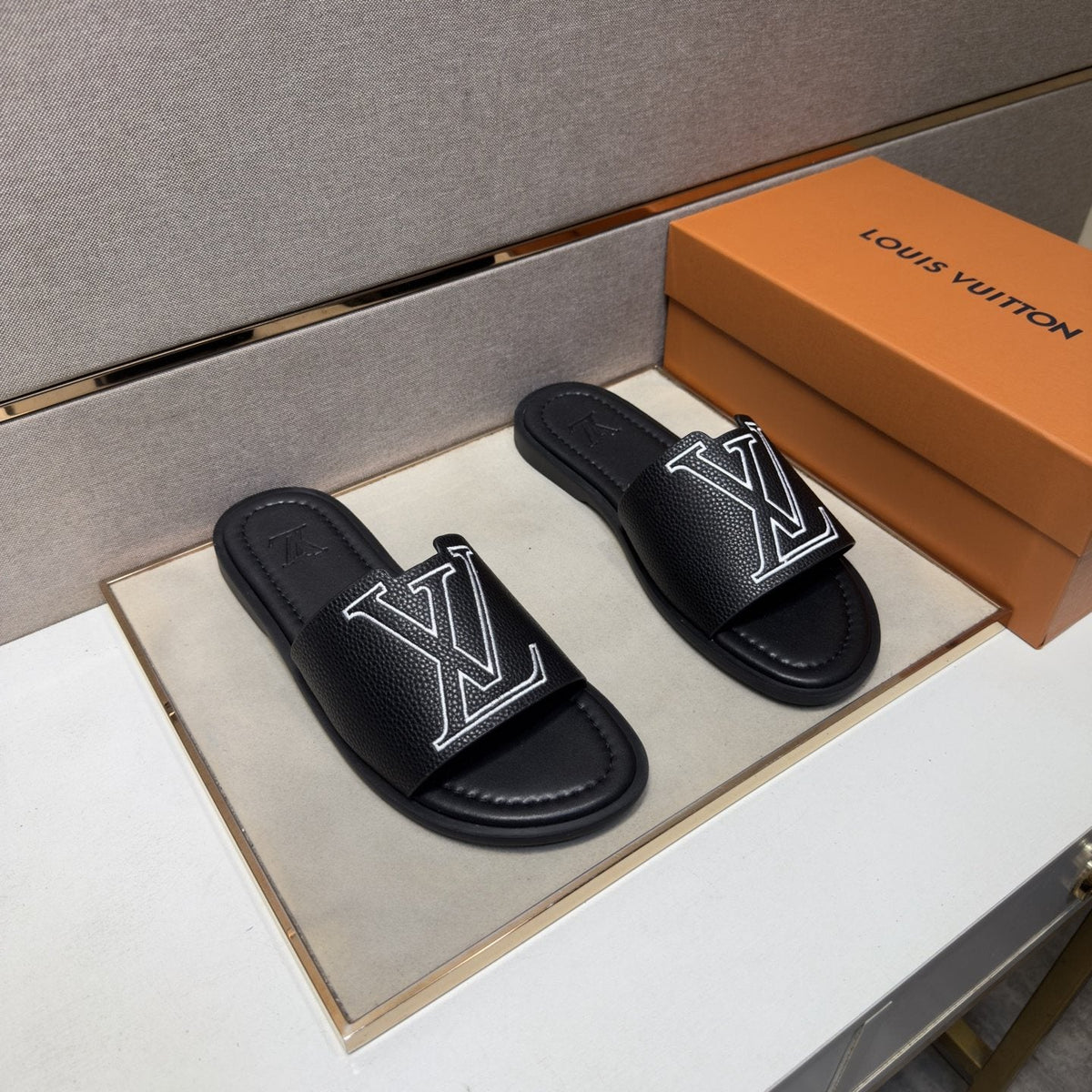 Louis Vuitton Men's Outlined LV Slide Sandals — front