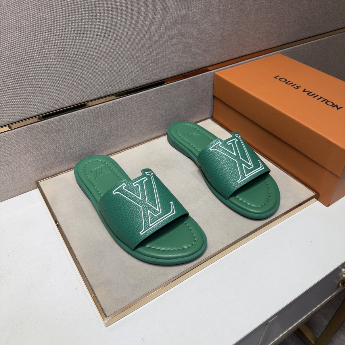 Louis Vuitton Men's Outlined LV Slide Sandals — front