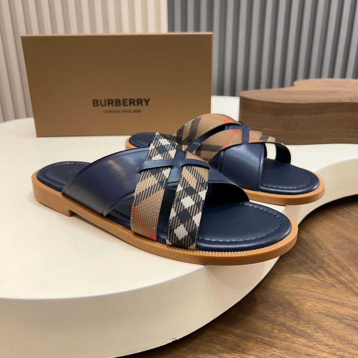 Burberry Plaid Cross-Strap Slide Sandals — front