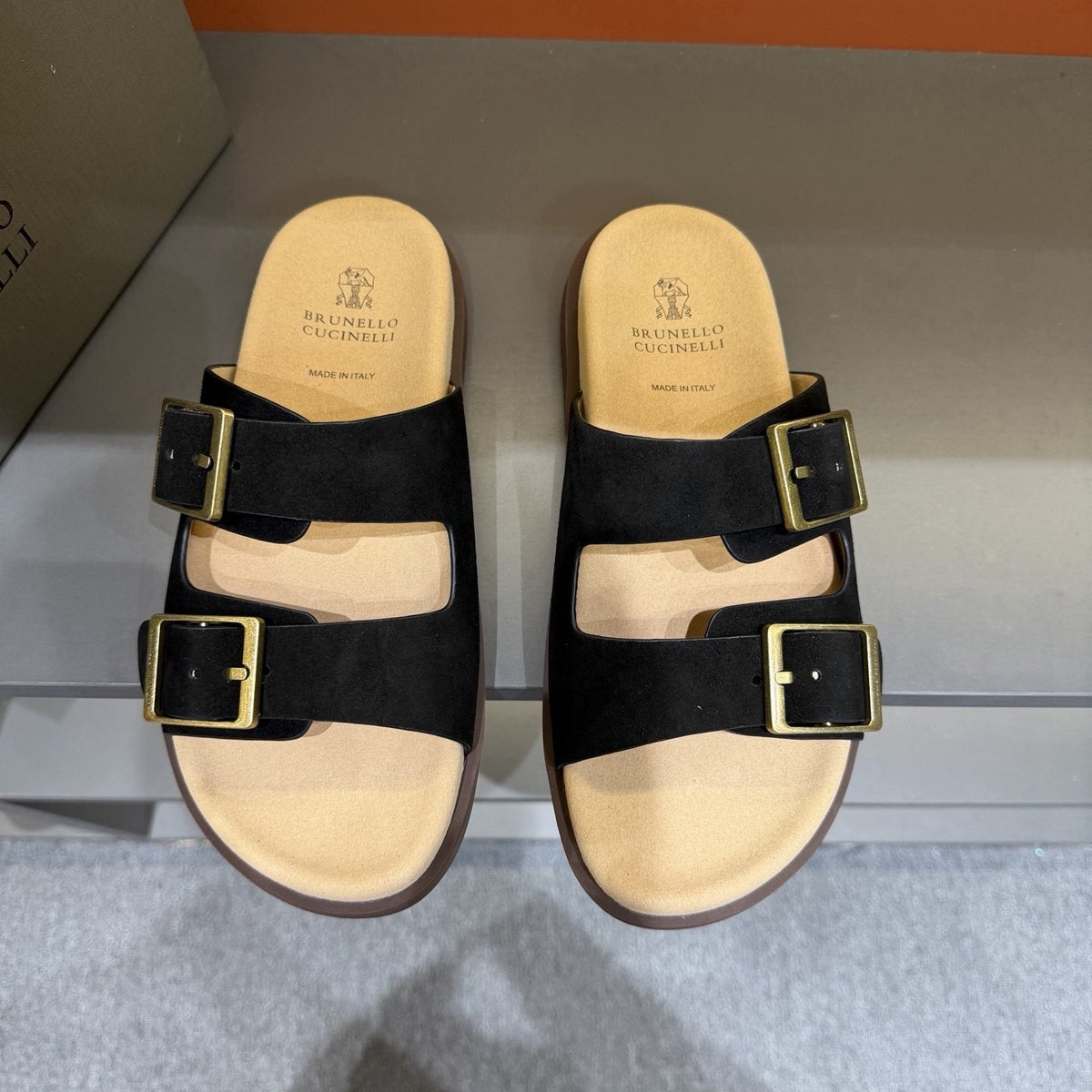 Brunello Cucinelli Double-Buckle Slide Sandals — front