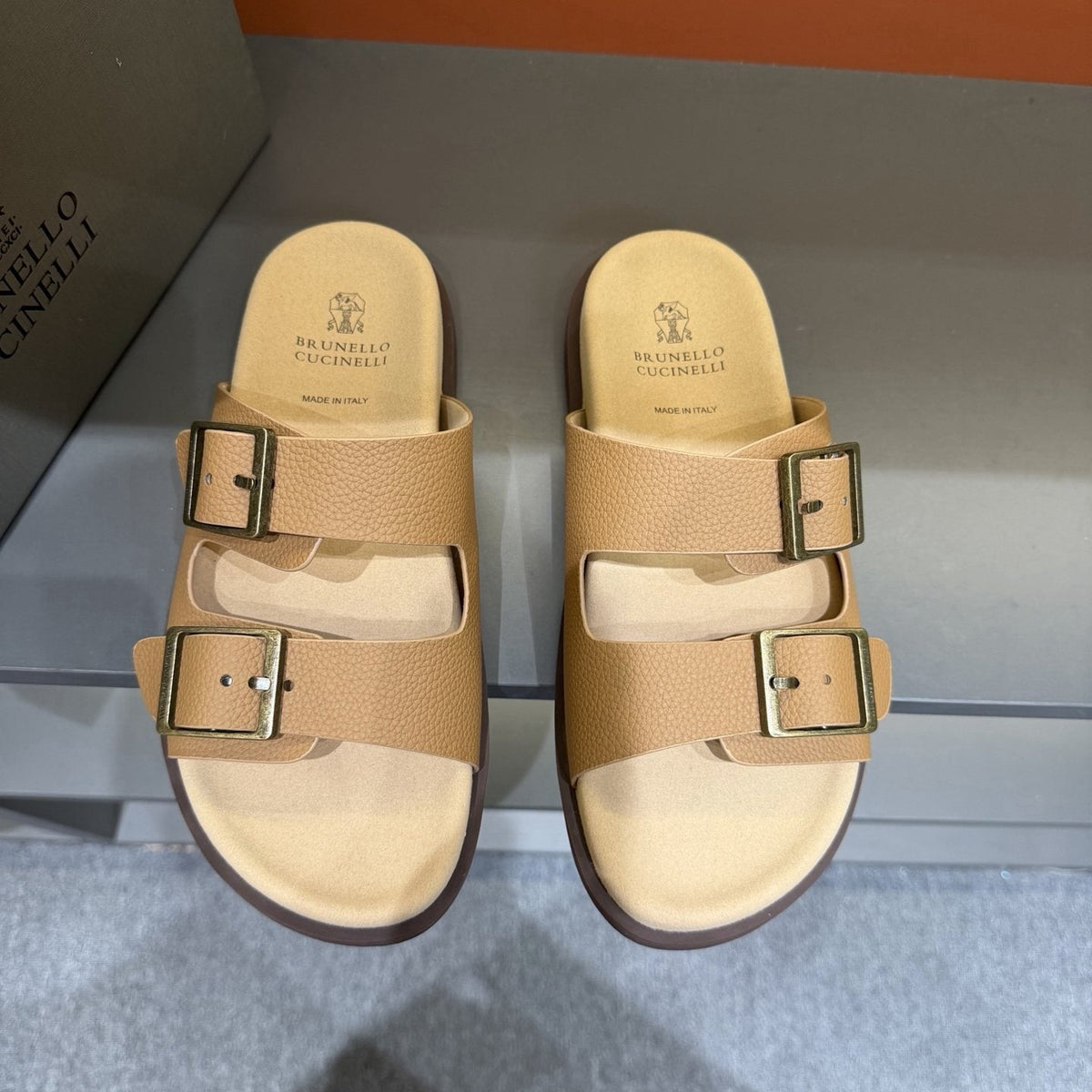 Brunello Cucinelli Double-Buckle Slide Sandals — front