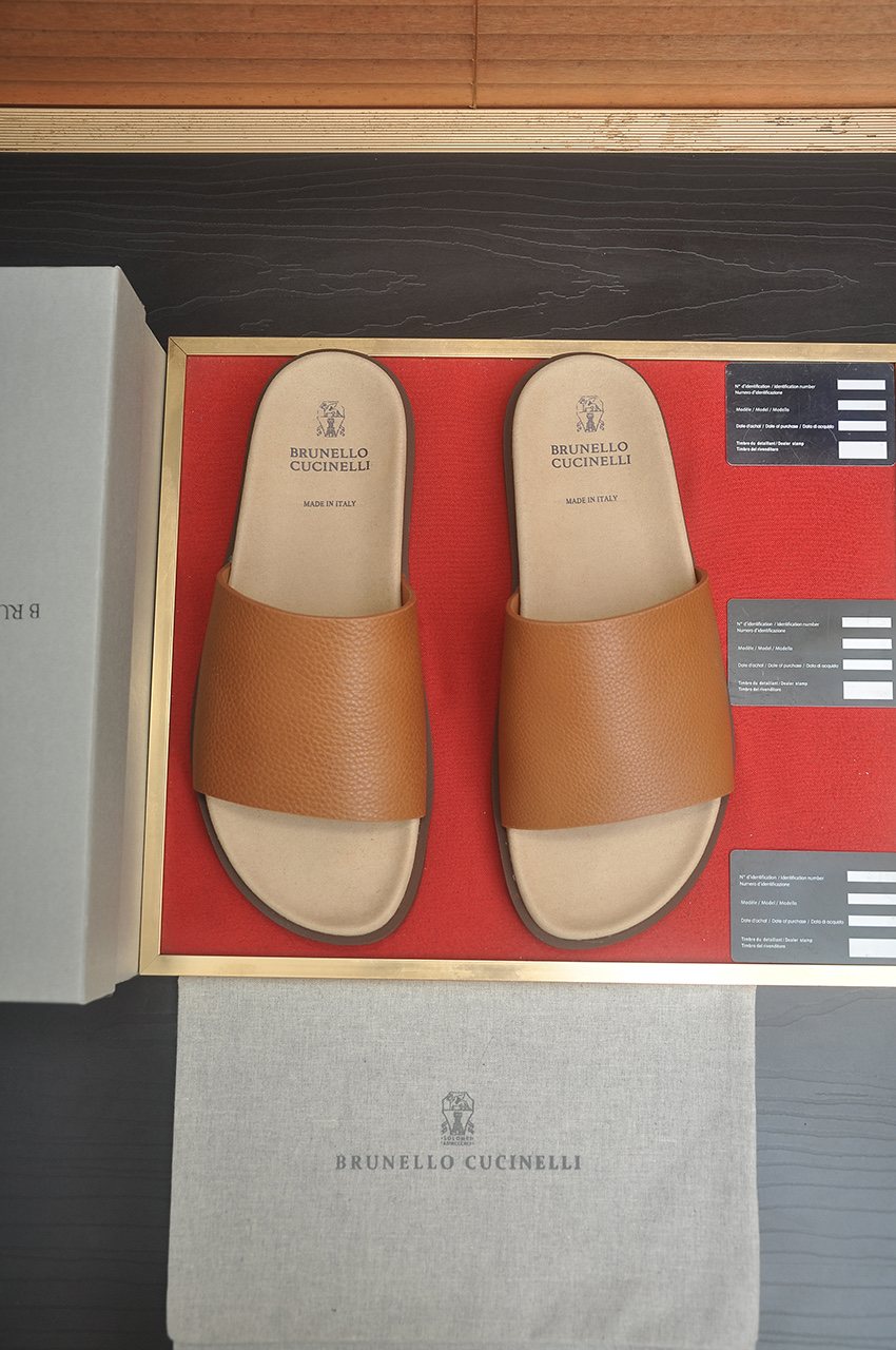 Brunello Cucinelli Cream White Slide Sandals — front