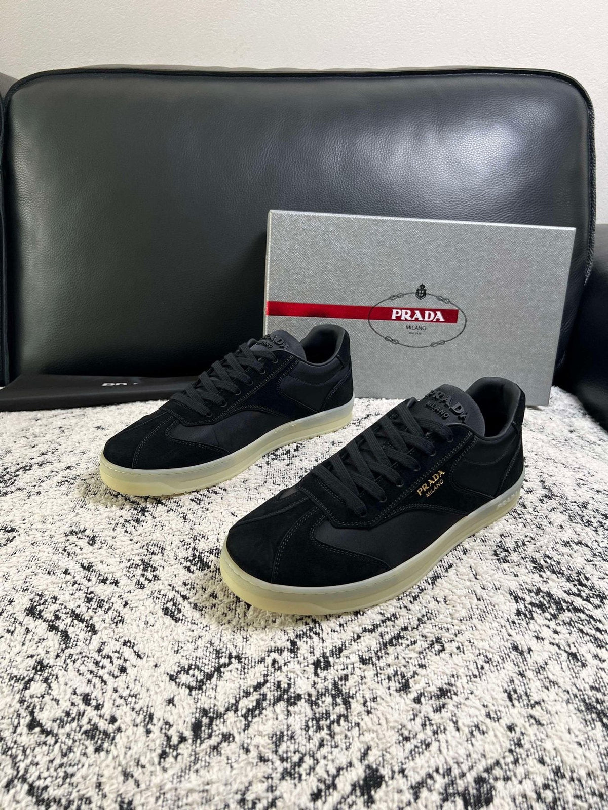 Prada Off-White Beige Low-Top Sneakers — front