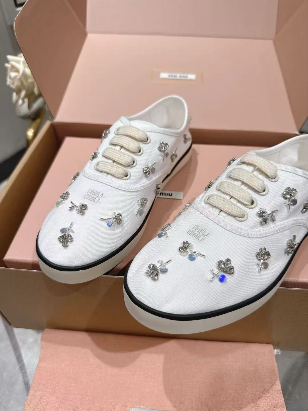 Miu Miu Floral Rhinestone Canvas Sneakers — front