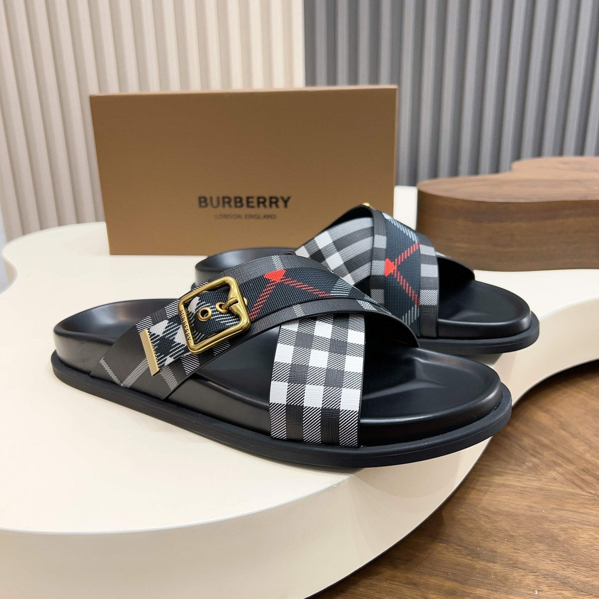 Burberry Check Cross-Strap Slide Sandals — front