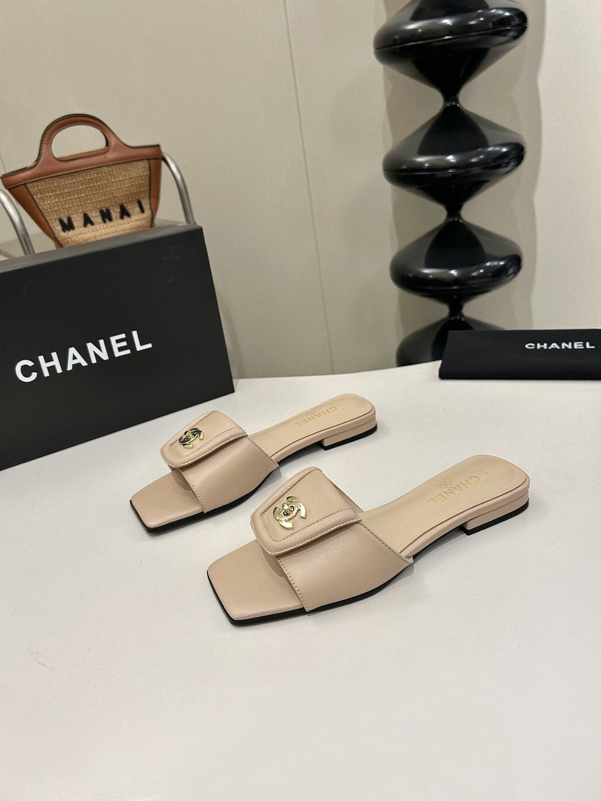 Chanel Square-Toe Leather Slide Sandals — front