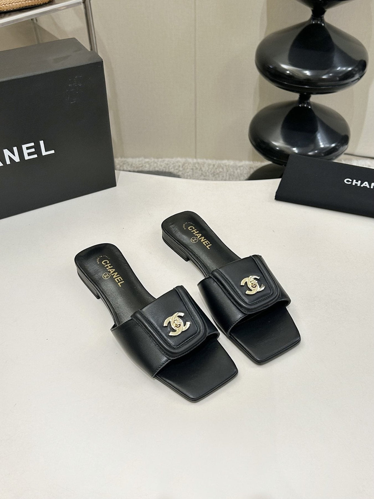 Chanel Square-Toe Leather Slide Sandals — front