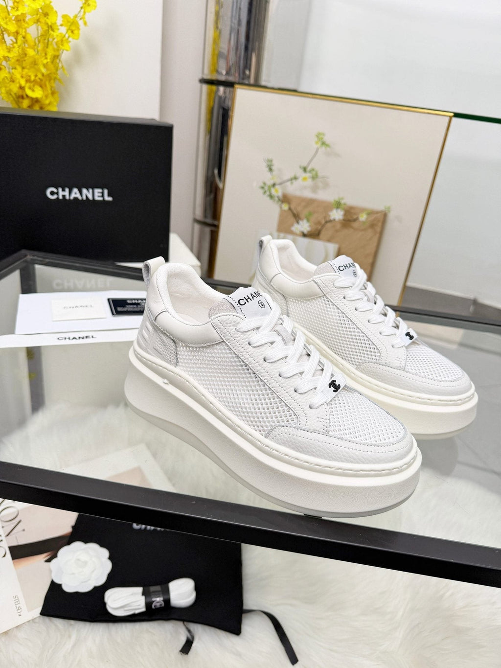 CHANEL White Platform Low-Top Sneakers — side