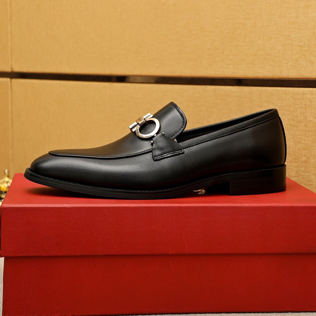 Ferragamo Black Metal Buckle Loafers — side