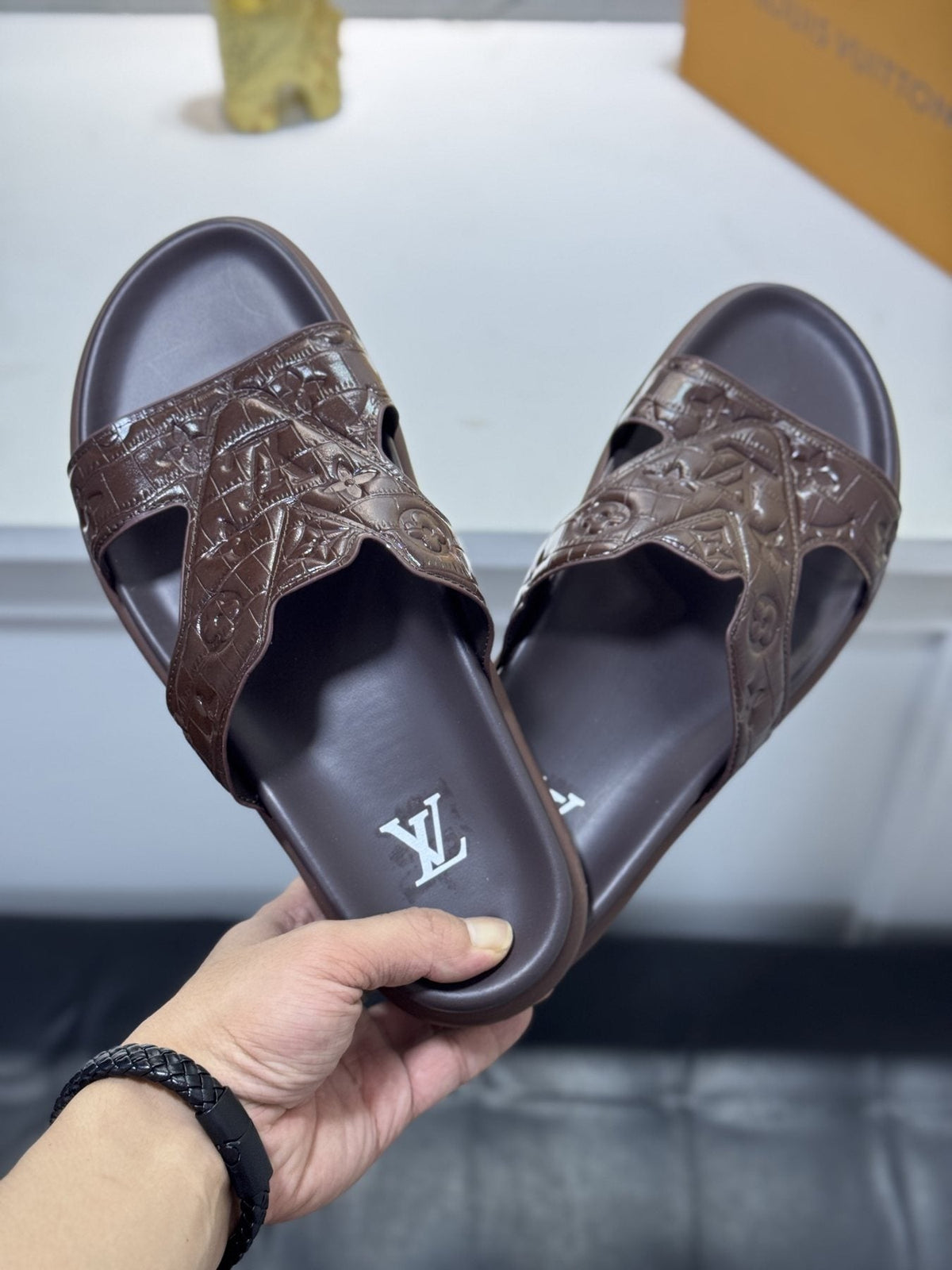 Louis Vuitton Embossed Strap Slide Sandals — front