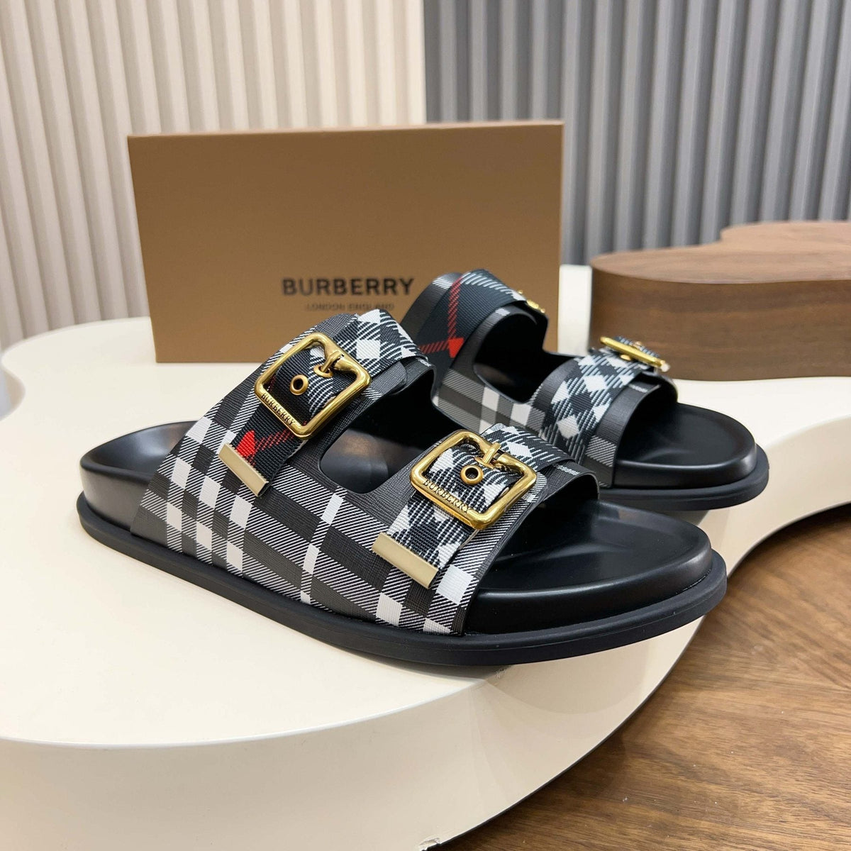 Burberry Plaid Buckle Slide Sandals — front