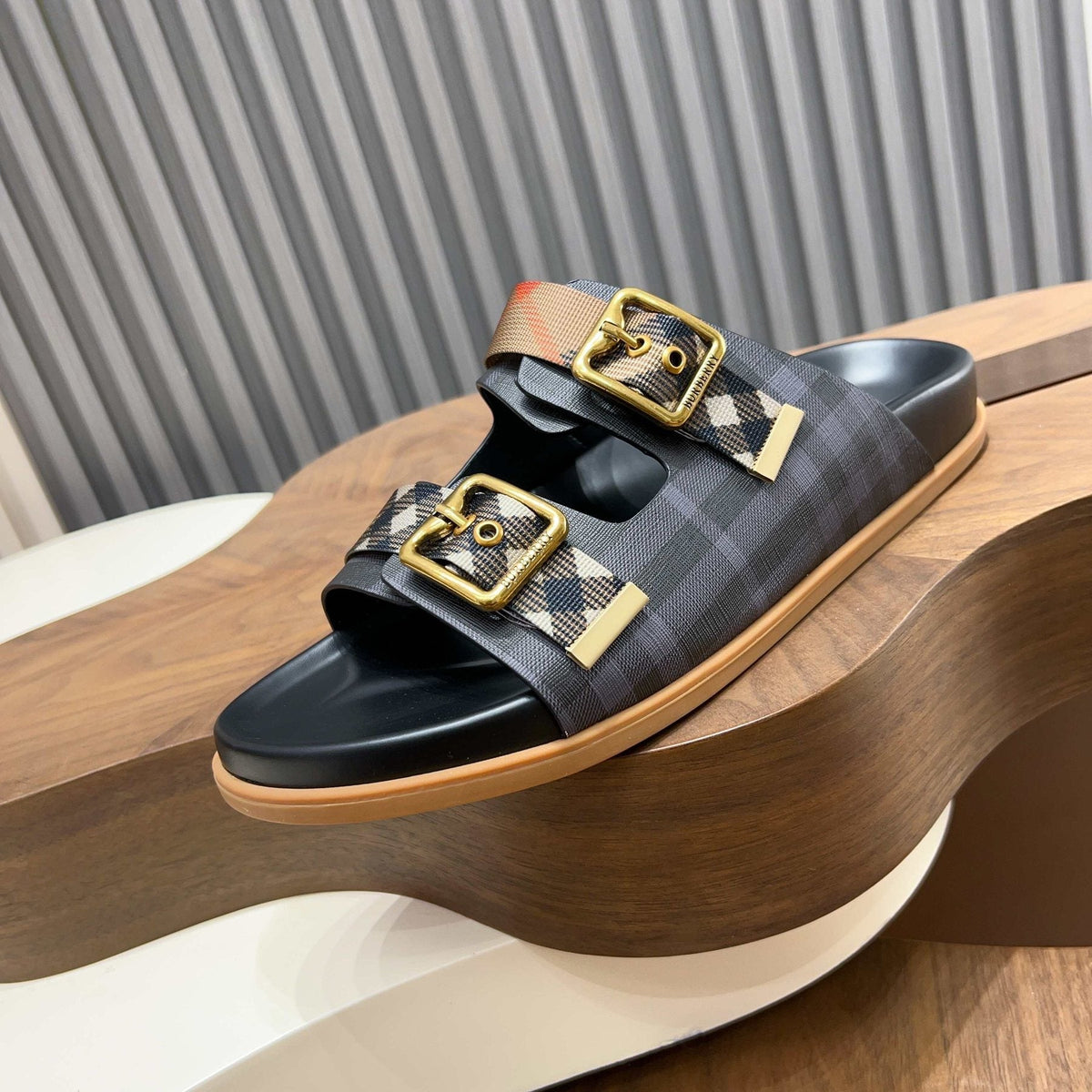 Burberry Plaid Buckle Slide Sandals — front
