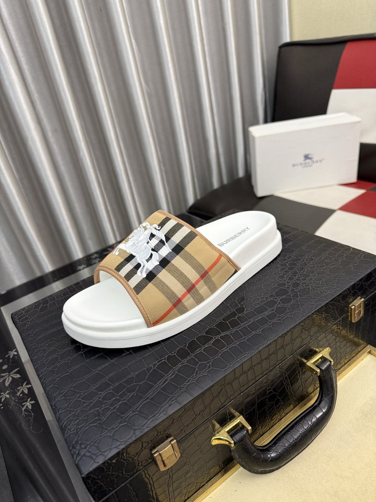 Burberry White Plaid Horse Motif Slide Sandals — front