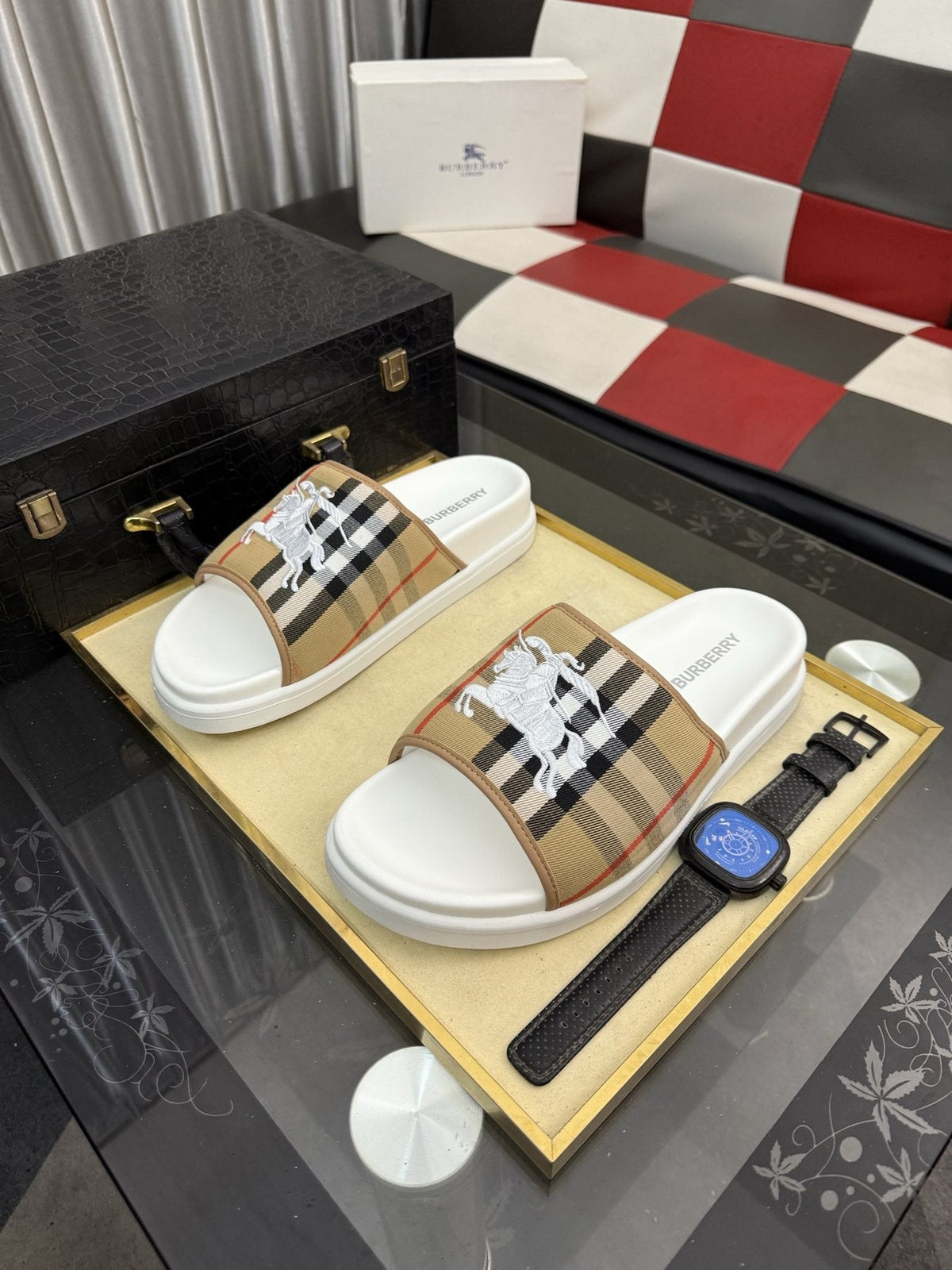 Burberry White Plaid Horse Motif Slide Sandals — front