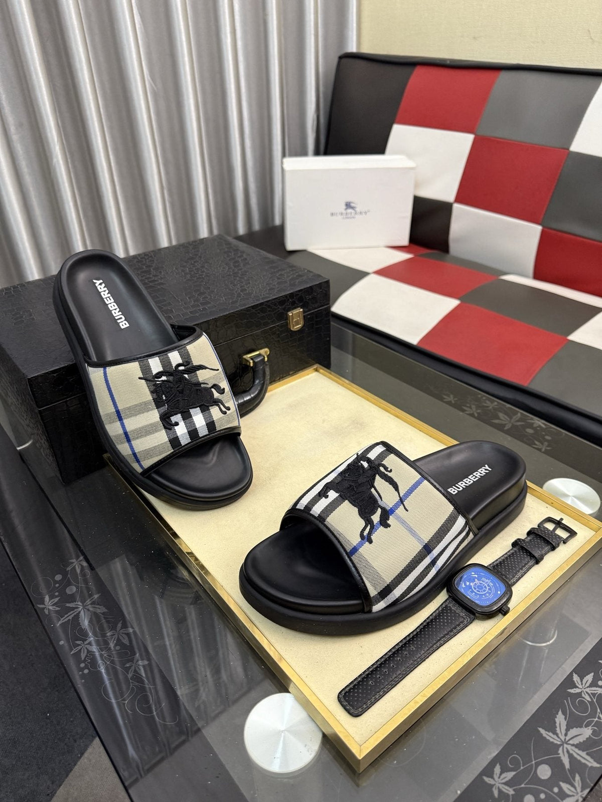 Burberry White Plaid Horse Motif Slide Sandals — front