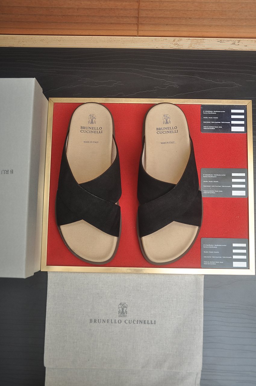 Brunello Cucinelli Cross-Strap Slide Sandals — front