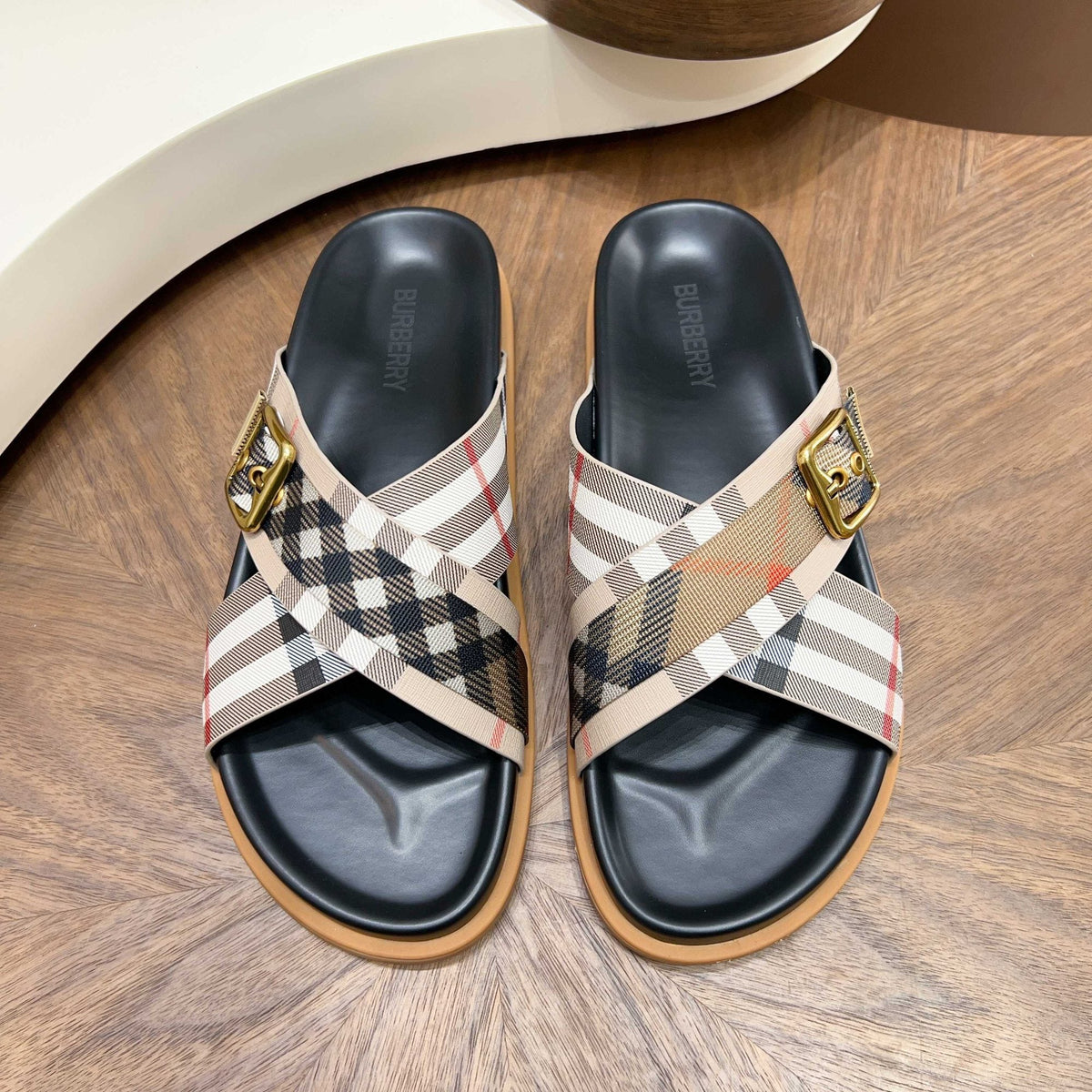 Burberry Check Cross-Strap Slide Sandals — hero
