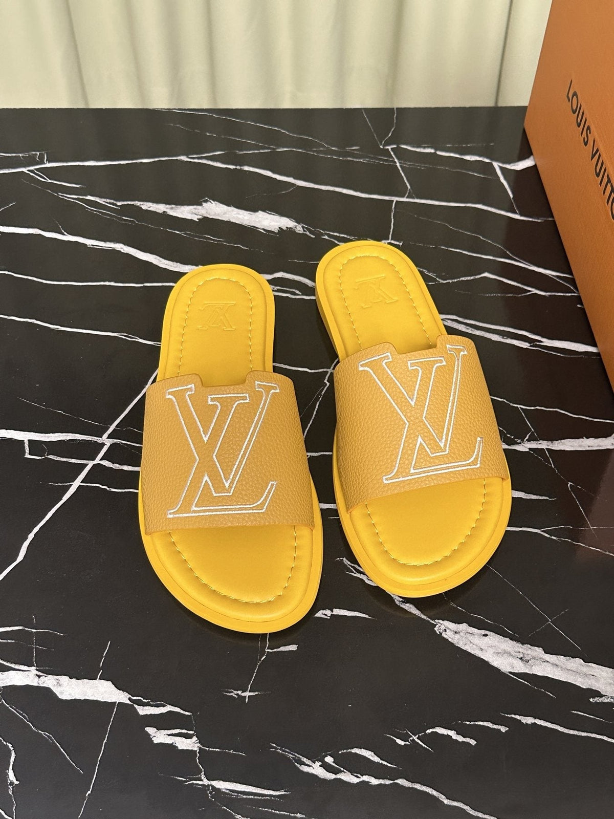 Louis Vuitton Lettered Strap Slide Sandals — front