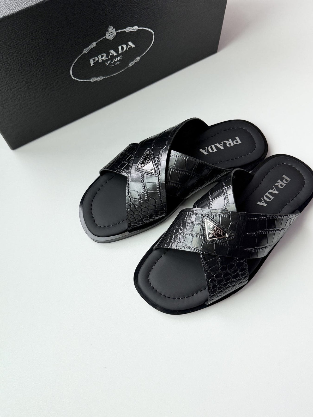 Prada Croc-Embossed Cross-Strap Slide Sandals — front