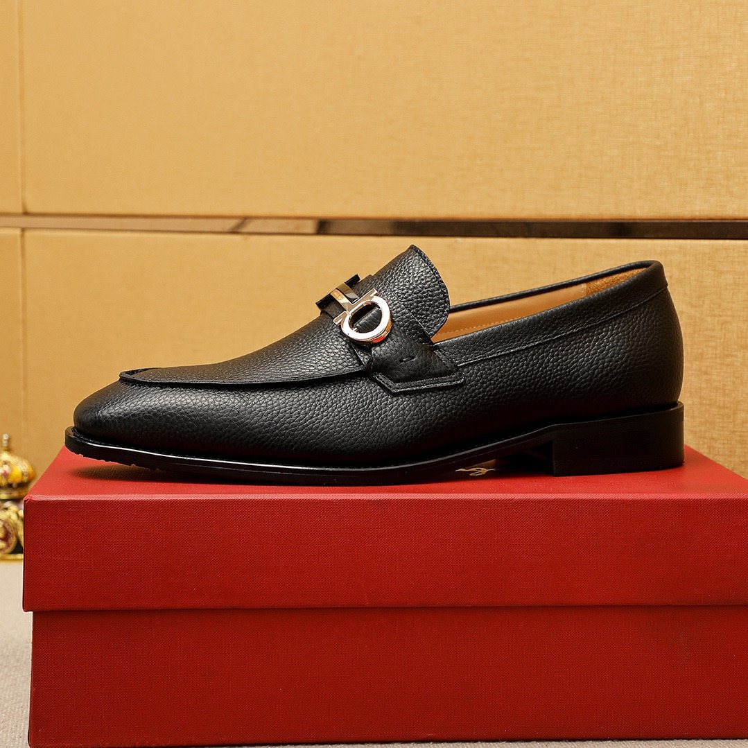 Ferragamo Pebble Leather Buckle Loafers — side