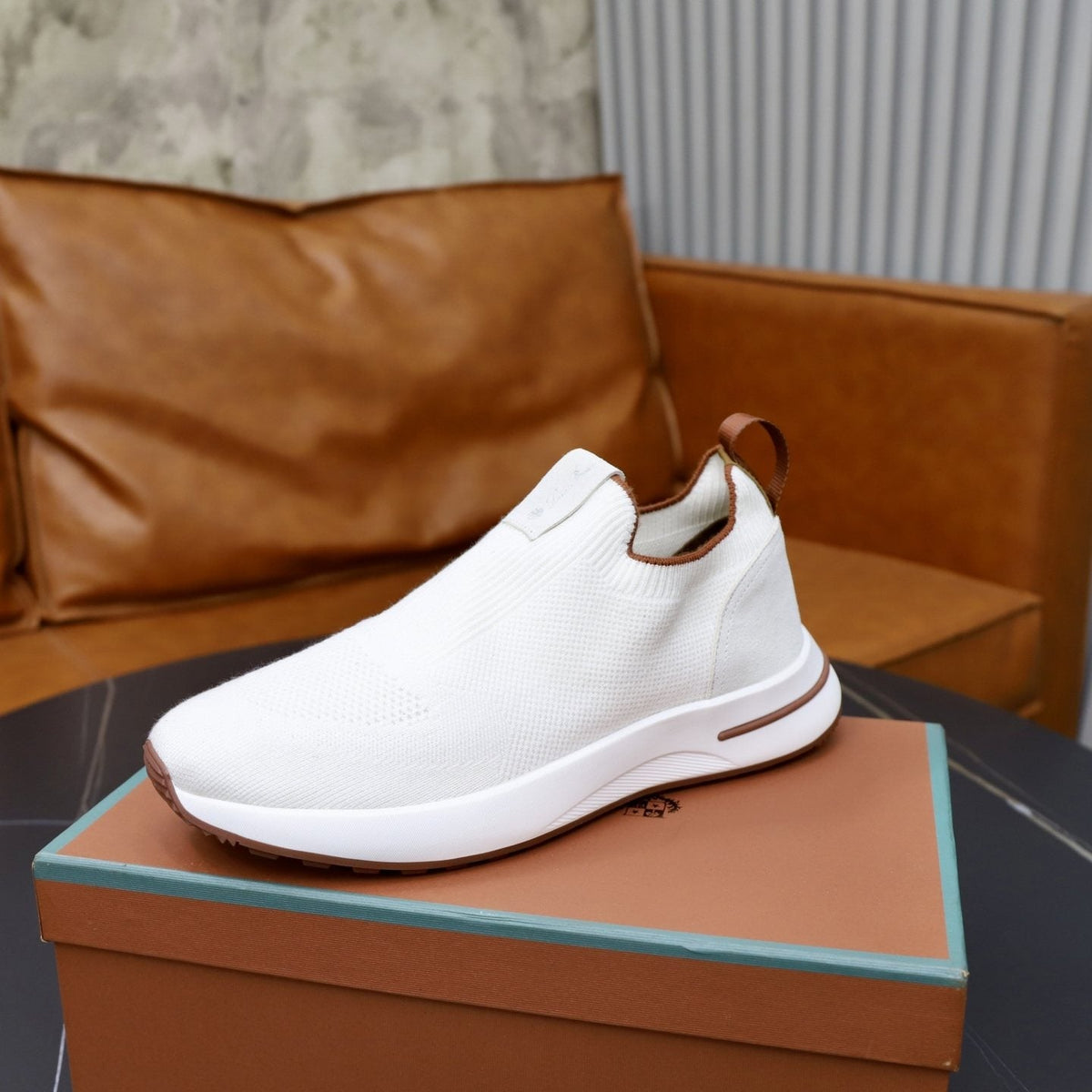 Loro Piana Charcoal Knit Slip-On Sneakers — front