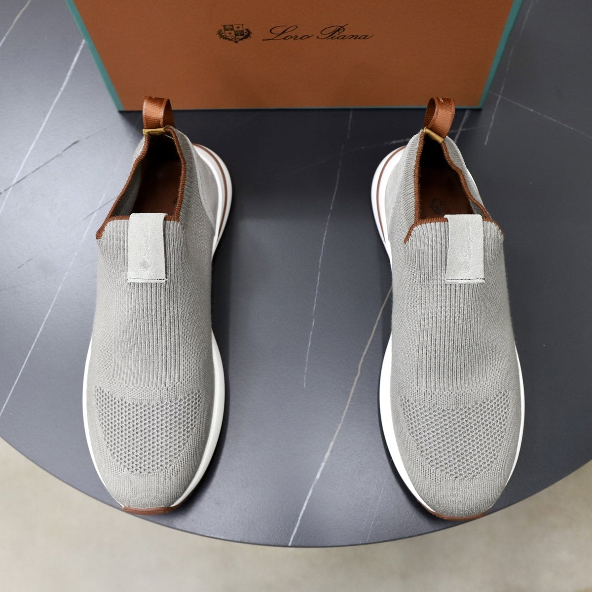Loro Piana Charcoal Knit Slip-On Sneakers — front