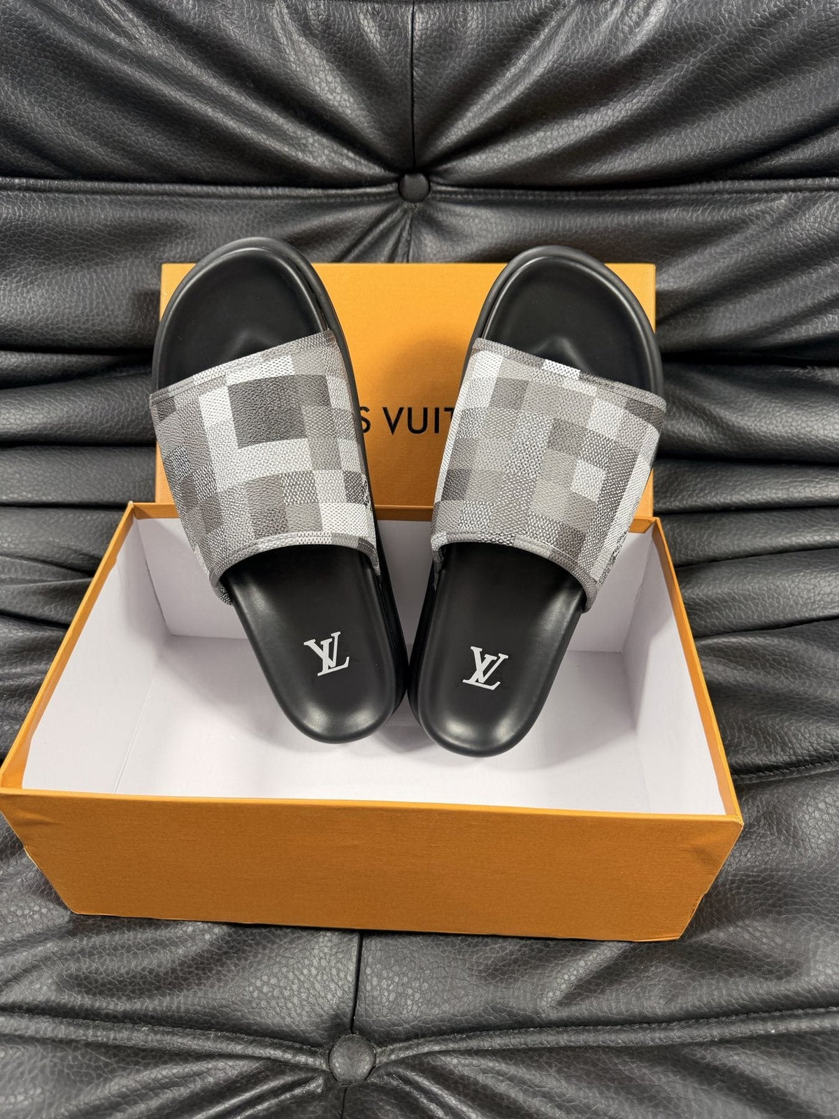 Louis Vuitton Slate Blue Checkered Slide Sandals — front