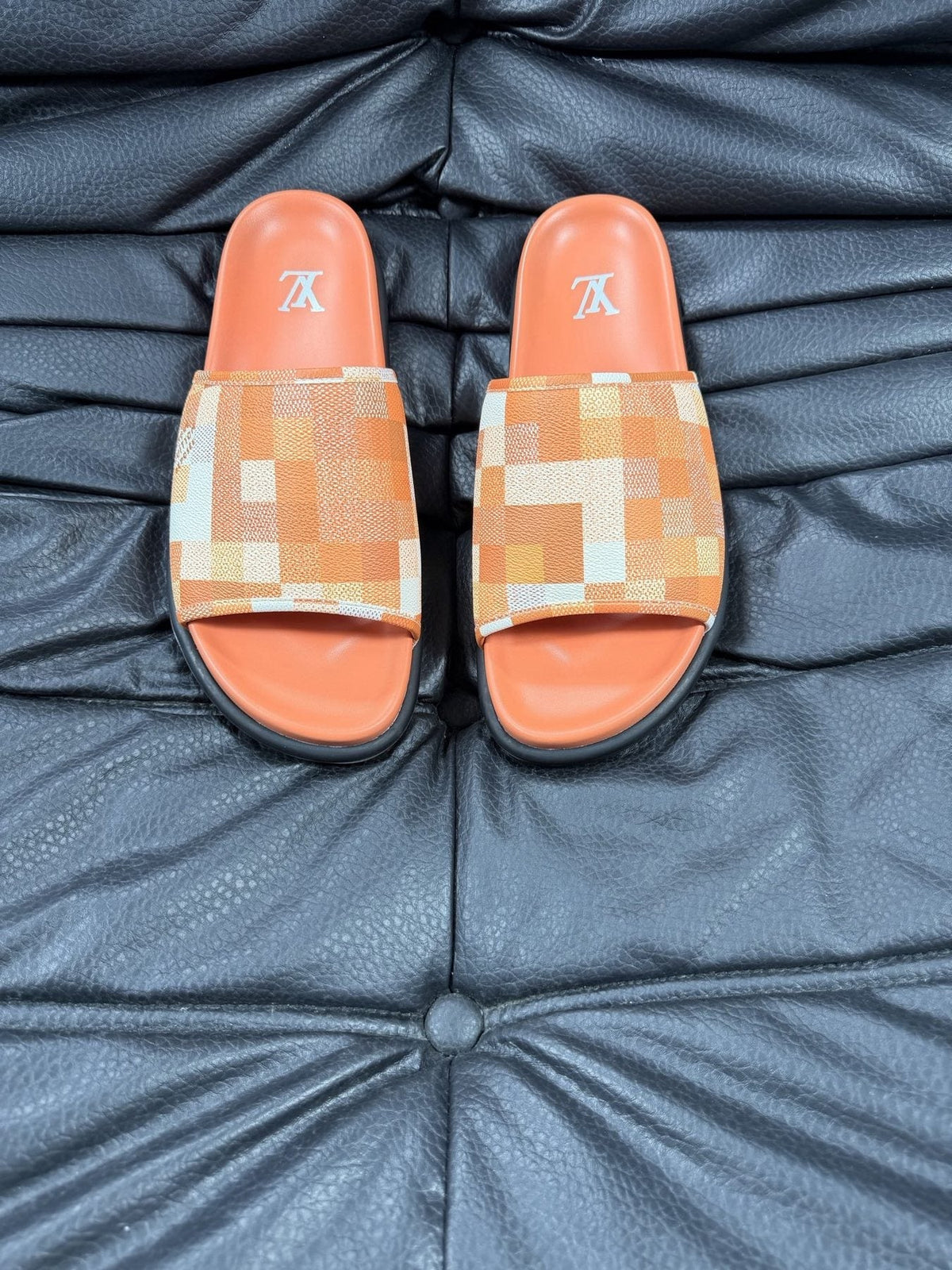 Louis Vuitton Blue Checkerboard Slide Sandals — front
